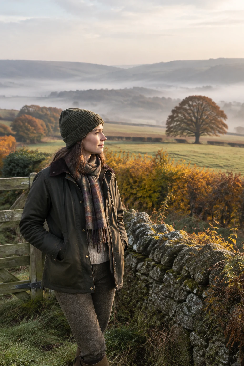 English countryside in autumn with a dry stone wall and an oak tree
