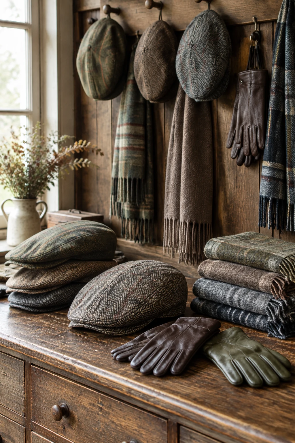 Tweed caps, wool scarves and leather gloves on an oak counter
