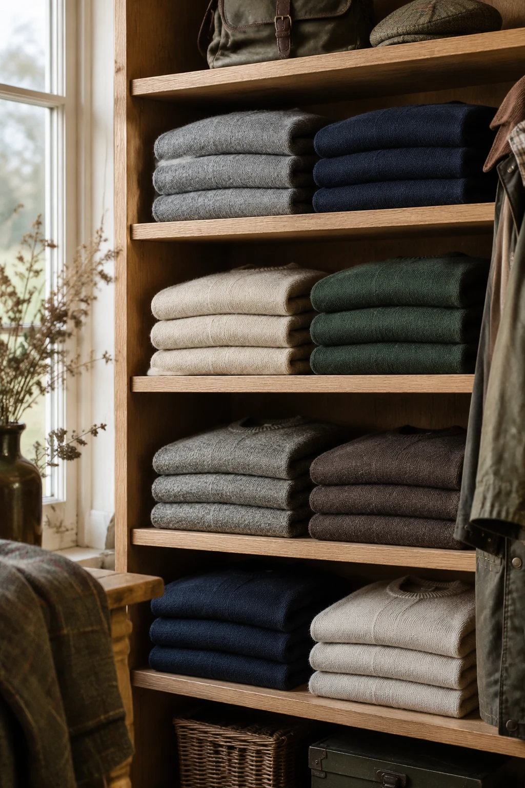 Stacks of folded wool jumpers on oak shelves