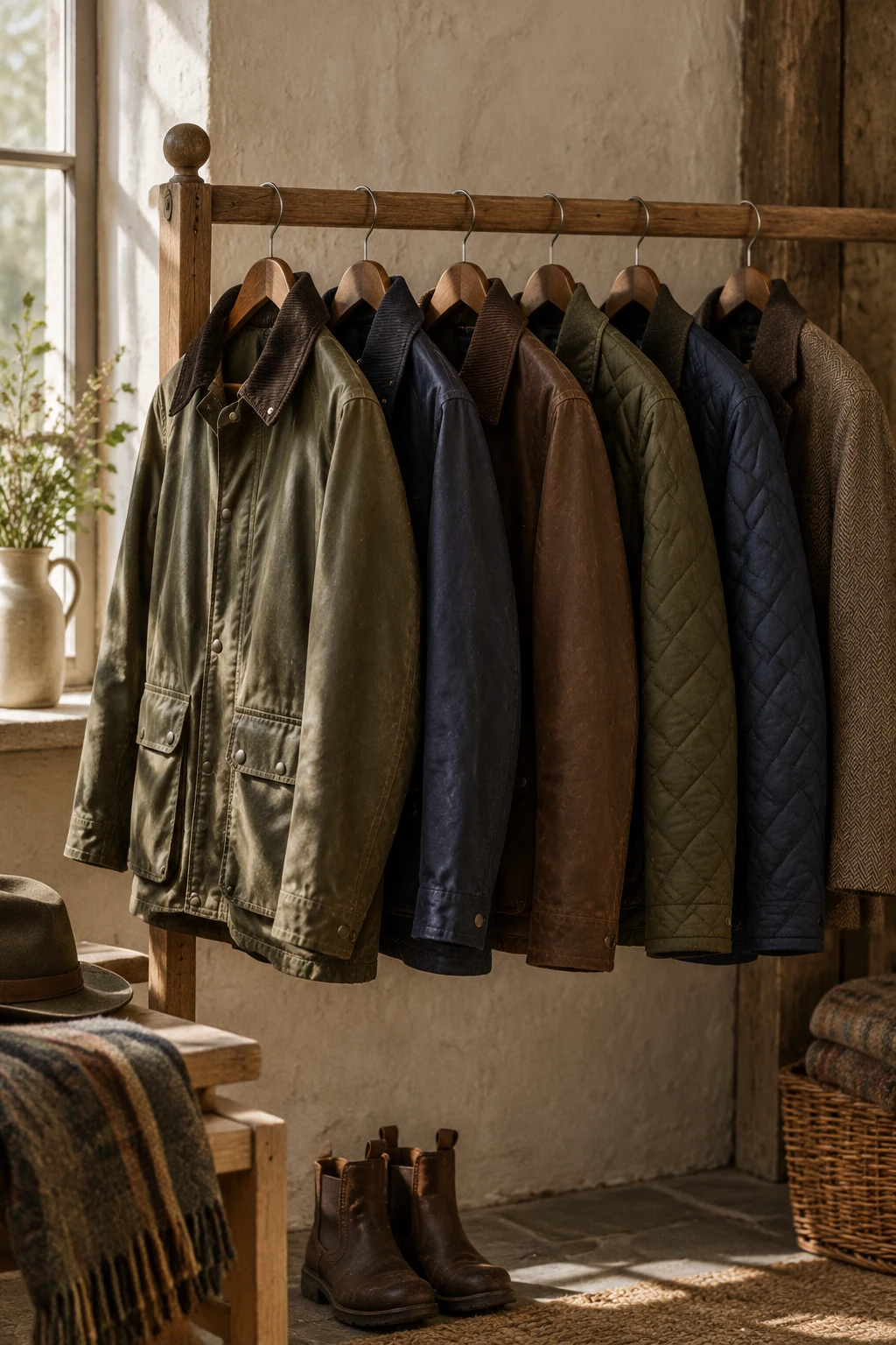 Waxed and quilted jackets on a wooden rail in a country shop