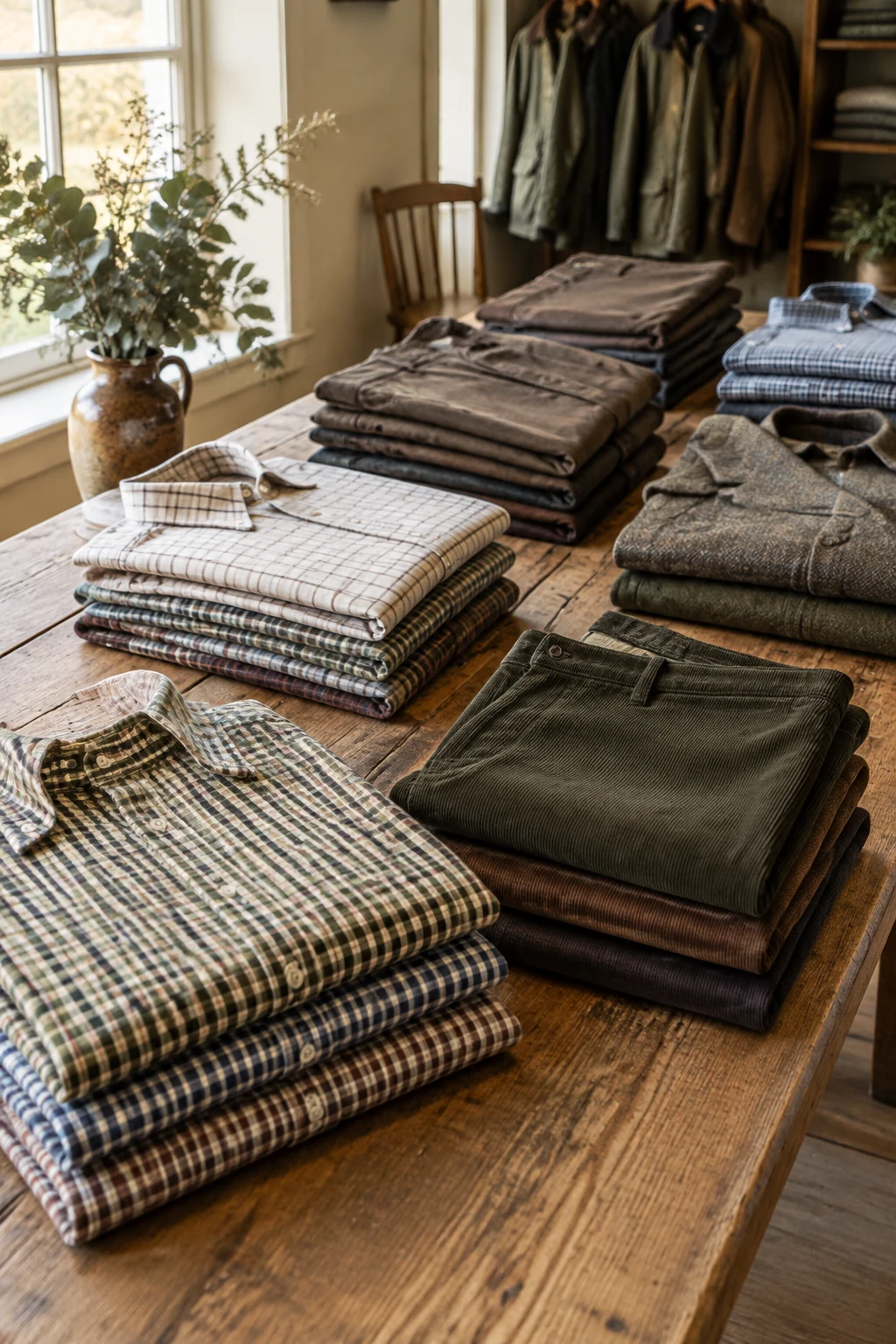 Folded check shirts and moleskin trousers on a shop table