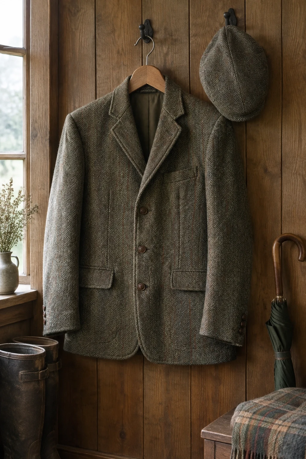 Tweed jacket and flat cap on a wooden hanger