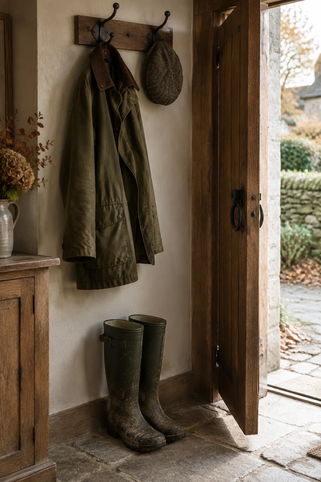 Olive waxed jacket and tweed cap hanging on hooks by the oak door of a country house