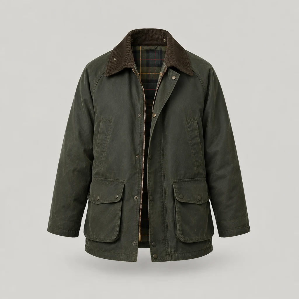 Dark sage waxed hunting jacket with tartan lining