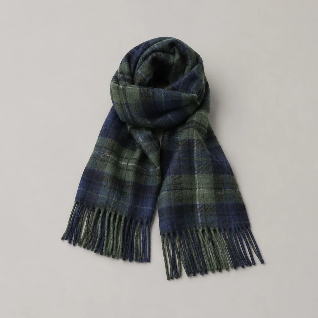 Folded green and navy tartan cashmere scarf
