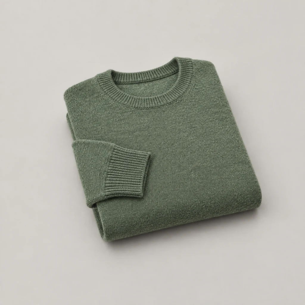 Folded heather green lambswool crew neck jumper