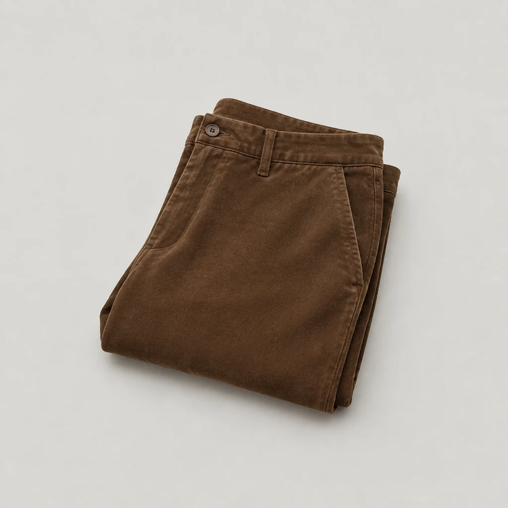 Folded tobacco brown moleskin trousers