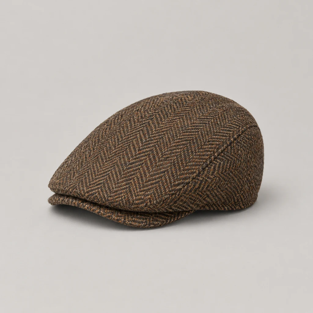 Brown herringbone tweed flat cap