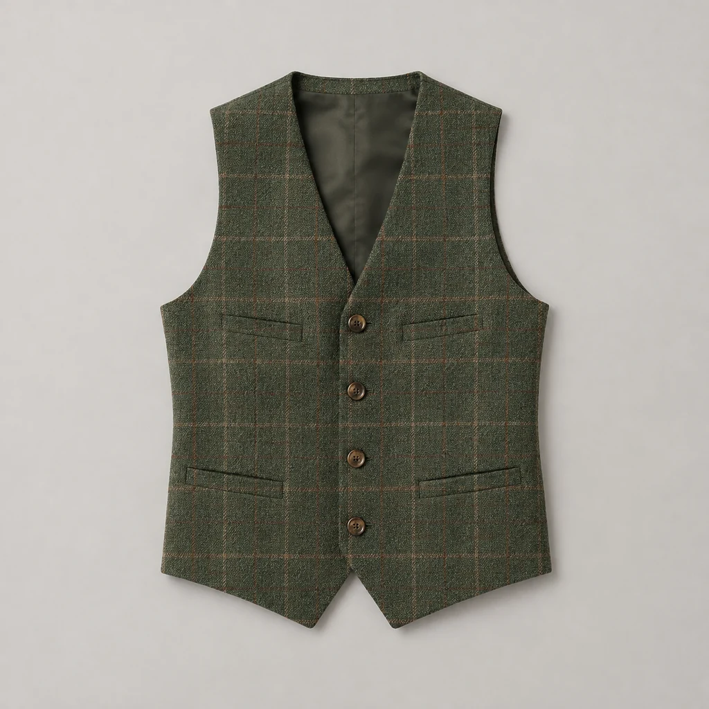 Green check tweed waistcoat with horn buttons
